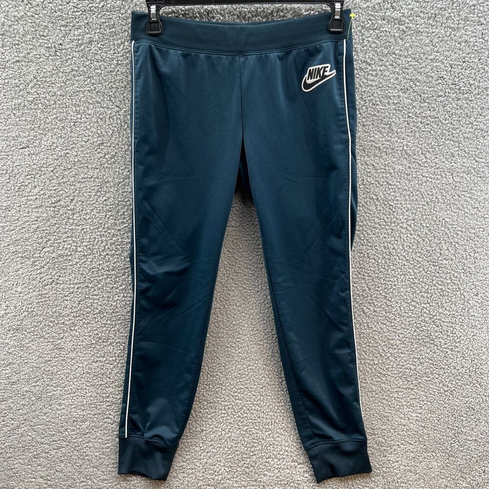 Nike Womens Athletic Workout Pants Blue Logo White Stripe Drawstring M Medium